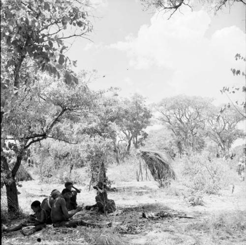 Group of people sitting, cracking nuts and eating, with a partially constructed skerm behind them