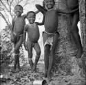 Four boys standing next to a tree, one wearing an ornamented modesty belt