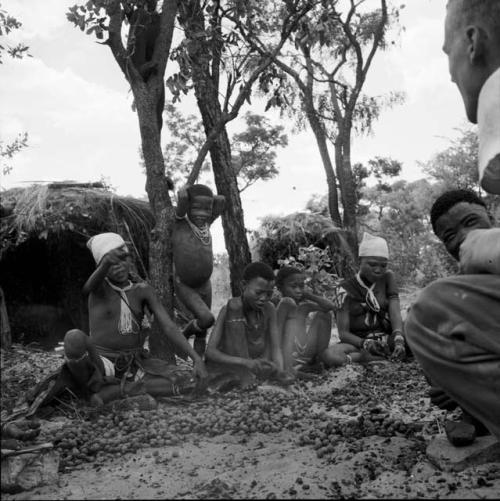 N!ai and ≠Nisa sitting with a group of people cracking mangetti nuts, with a boy in a tree above them, John Marshall squatting near them