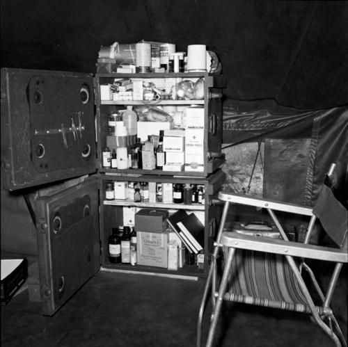 Two medicine cabinets inside an expedition tent