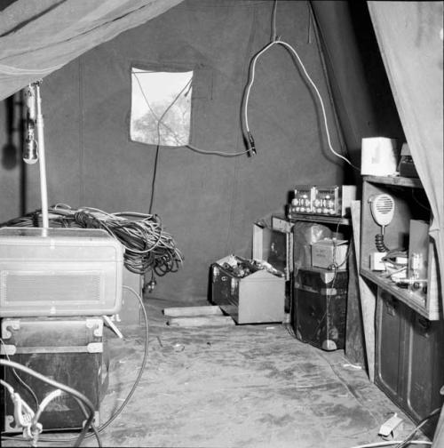 Sound equipment inside an expedition tent