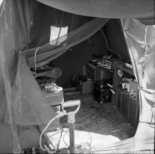 Sound equipment inside an expedition tent