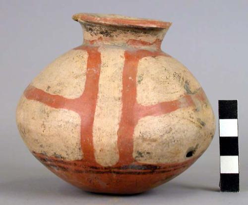 Pottery jar, base red, upper zone white with black ornamentation