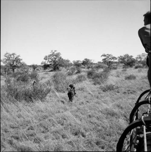 Family walking through the veld, distant view, with expedition camera equipment at right