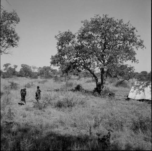 Two women walking, one carrying a child, with an expedition tent in the background