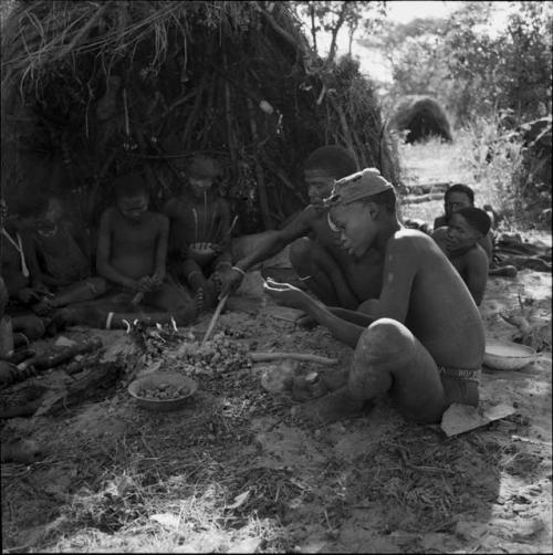 Group of men sitting next to a fire in front of a skerm, one playing the //guashi, another stirring nuts in the fire, with hunting equipment hanging in the skerm behind them