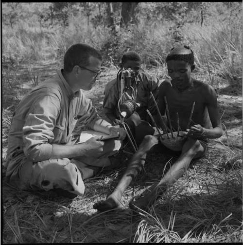 "/Gao Music" playing a //guashi and singing, with another man and Nicholas England sitting next to him, listening