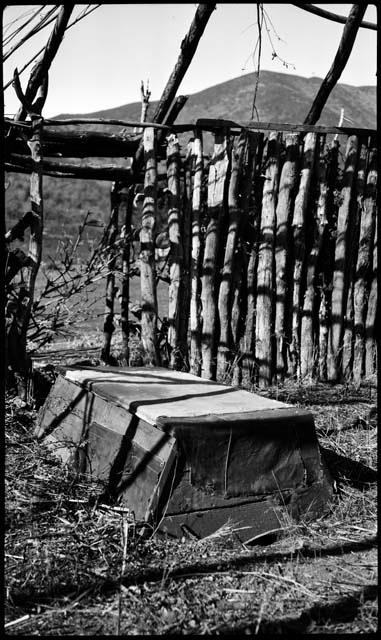 Drum behind brush dance house used for Bole-Maru perfomances