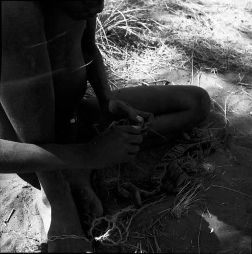 Man stringing cocoons to make dance rattles, close-up