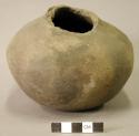 Ceramic partial vessel, flat base, neck broken off, body crack, plain