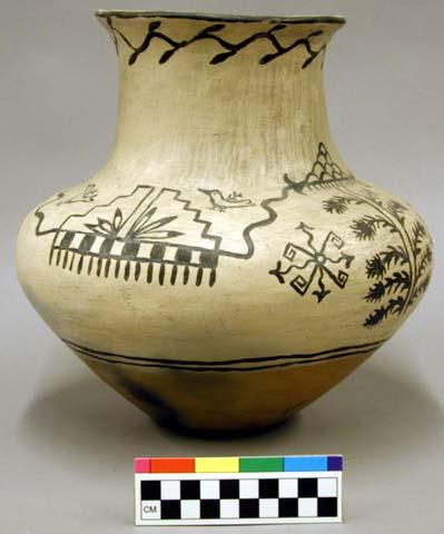 Ceramic vessel, funnel shape body, long neck, flared rim, polychrome exterior