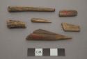 Organic, bone, perforator? fragments, two are points - one of which has an incised line on one side, two are flat