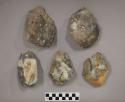 5 various broken-ended flint hand axes reused
