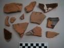 Earthenware sherds, lead glazed, slip glazed, dark reddish brown; vessel body fragments, one rim fragment