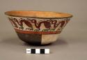 Bowl painted in polychome with a row of birds (egrets) and b/w quadrants