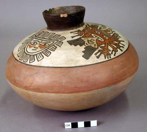 Jar painted in polychrome with two masks and two anthropomorphic mythical beings