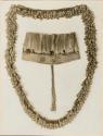 Necklace of woven cotton with nut-shell pendants, and a feathered head band