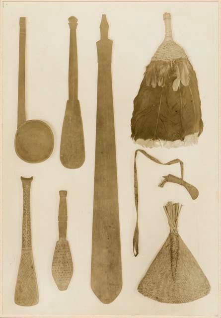 Household utensils, fire fans and knife