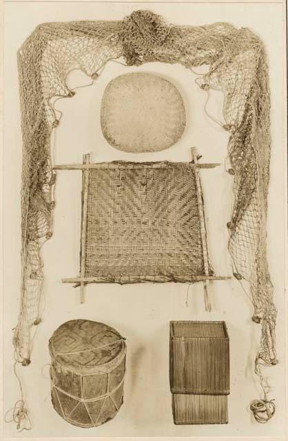 Net with stone sinkers, work basket, square basket sieve, drum and telescope basket