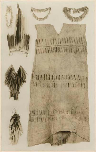 Bark cushma, necklaces, headdress and feather ornaments