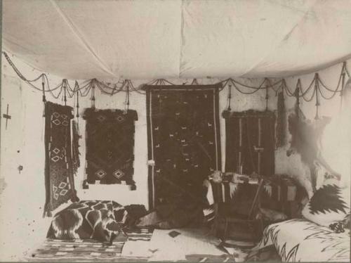 Interior of hogan with blankets