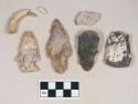 Chipped stone, projectile points, stemmed and side-notched; chipped stone, biface; chipped stone, scrapers; animal tooth fragments