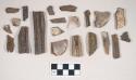 Bone fragments, burned and calcined, some possibly incised; earthenware sherd, grooved