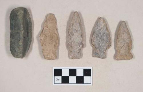 Chipped stone, projectile points, stemmed and side-notched; ground stone fragment, perforated and incised