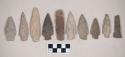 Chipped stone, projectile points, stemmed and corner-notched; chipped stone, perforator