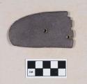 Ground stone, slate gorget fragment, with incised crosshatched lines, notched edge, at least five perforated holes and one partial hole