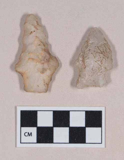 Chipped stone, quartz projectile points, side-notched and stemmed