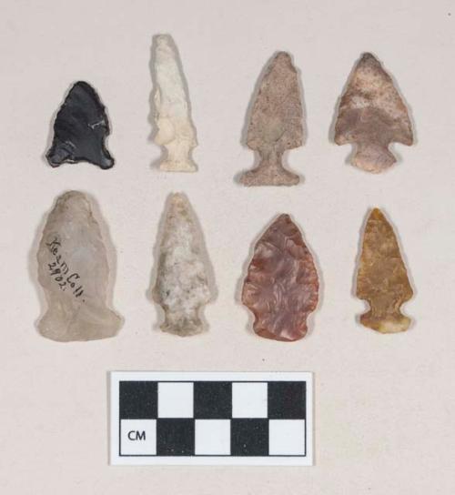 Chipped stone, projectile points, side-notched and corner-notched; chipped stone, scrapers, one quartz