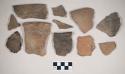 Coarse earthenware body and rim sherds, undecorated, cord-impressed, and incised