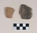 Ceramic, earthenware body sherd, undecorated; ceramic, earthenware rim sherd, undecorated