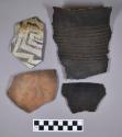 Ceramic, earthenware body, base, and rim sherds, multiple vessels including incised decorated and black on white