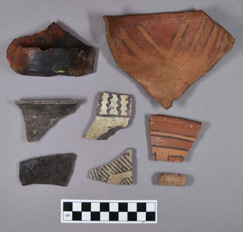 Ceramic, earthenware body and rim sherds, including hand-painted exterior and interior decorations, impressed decorated, and perforated