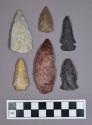 Chipped stone projectile points, including triangular, stemmed, and side-notched