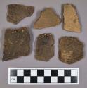 Ceramic, body earthenware sherds, including denate, cord-impressed, and incised decorated, and two fragments of plaster