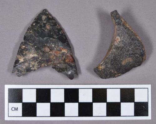 Chipped stone, one projectile point fragment and one biface fragment