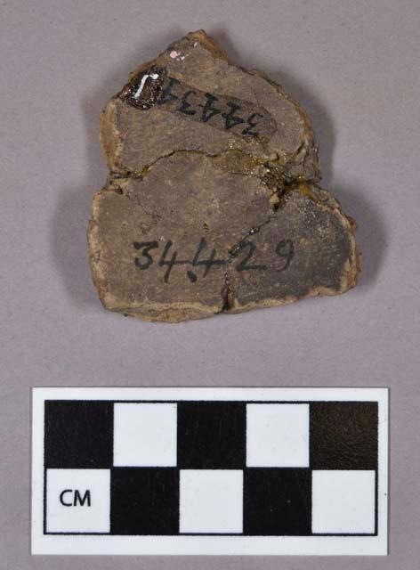 Ceramic, earthenware body sherd, incised, mended to 34434.1