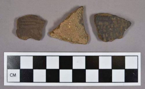 Ceramic, earthenware body sherds, cord-impressed and punctate decorated