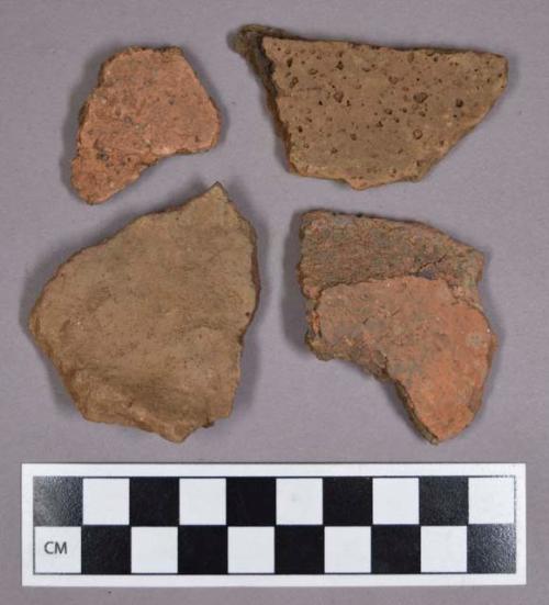 Ceramic, earthenware body and base sherds, undecorated; seven sampled for thin sections; one is mended; some crossmend
