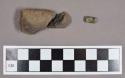 Ceramic and metal, two earthenware sherds, possible figurine fragments and one tubular copper bead; sherds cross-mend