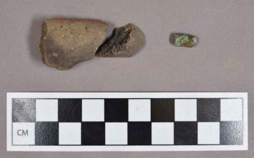 Ceramic and metal, two earthenware sherds, possible figurine fragments and one tubular copper bead; sherds cross-mend