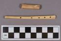 Organic, faunal remains, one bird bone whistle and one utilized antler implement, flat on both ends, cylindrical, possible punch
