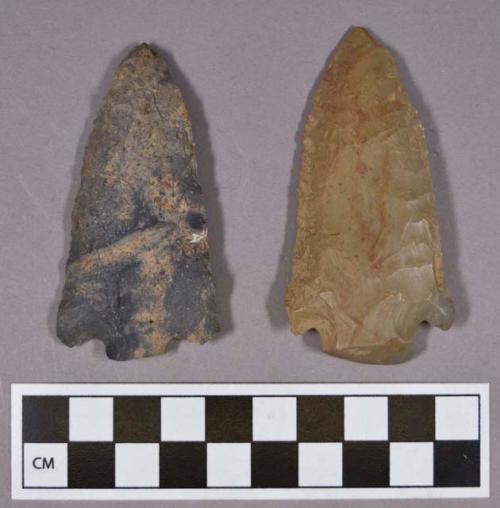 Chipped stone, projectile points, corner-notched, one with serrated blade