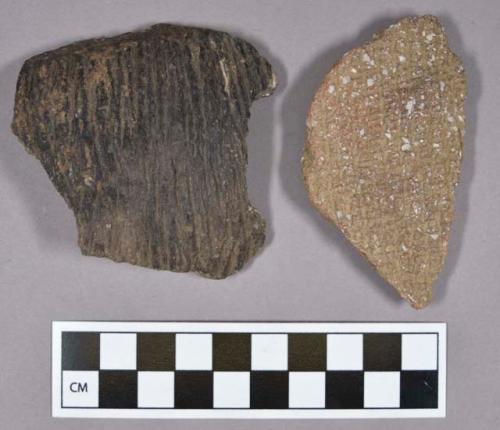 Ceramic, earthenware body sherds, shell-tempered, impressed decorated; two sherds crossmend