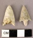 Chipped stone projectile points, white stone, 1 stemmed, 1 lanceolate