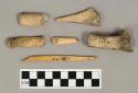 Worked bone, including bone matting needle fragment with perforation through shaft, bone points, bone awl fragments, bones with cut marks, and possible antler fragment