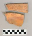 2 earthenware bowl rim sherds; polychrome interior and exterior decoration